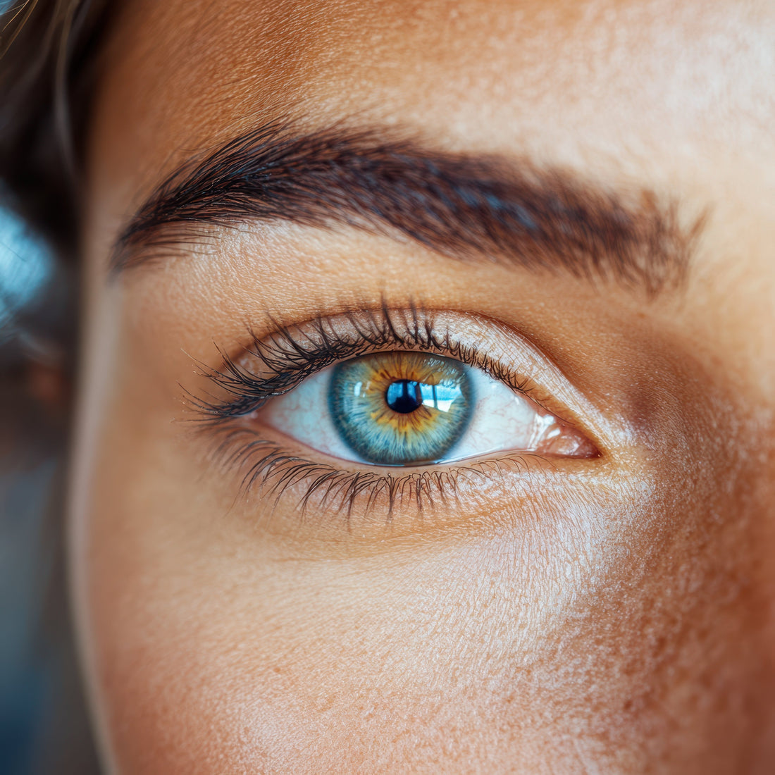 Close-up of a blue eye with defined natural brow highlighting lash and brow beauty