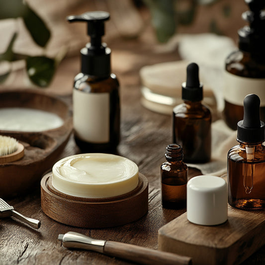 Eco-friendly beauty packaging with wooden jars and amber glass dropper bottles on a wooden tray