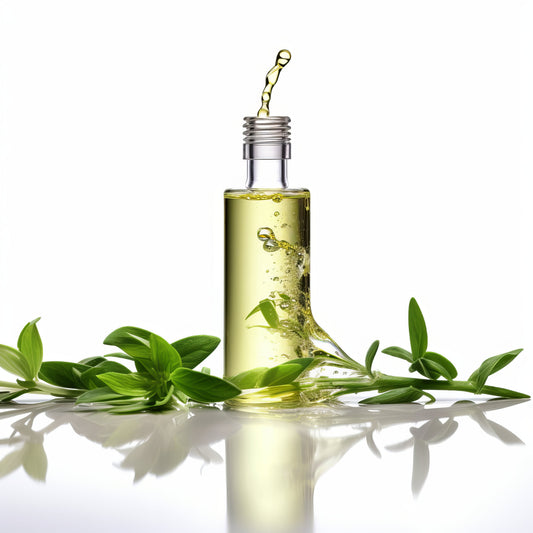 Tall glass dropper bottle with botanical oil and fresh green leaves on reflective surface