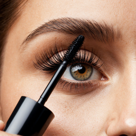 Woman with bold voluminous lashes applying clean beauty mascara