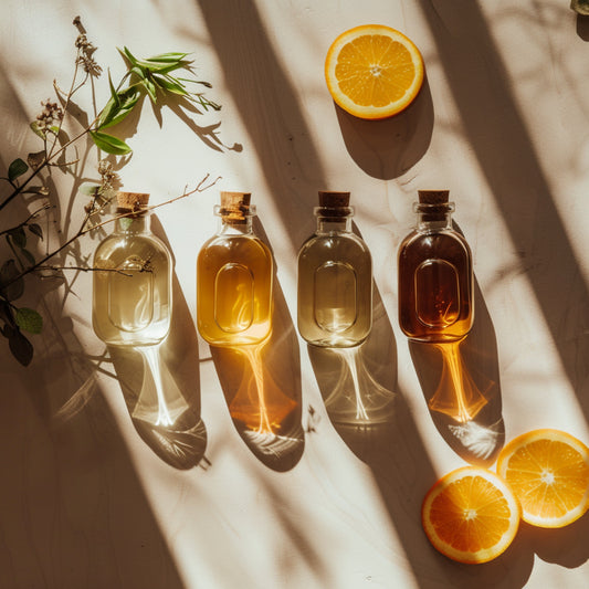 Amber glass bottles of botanical oils with citrus slices and greenery for natural lash and brow care