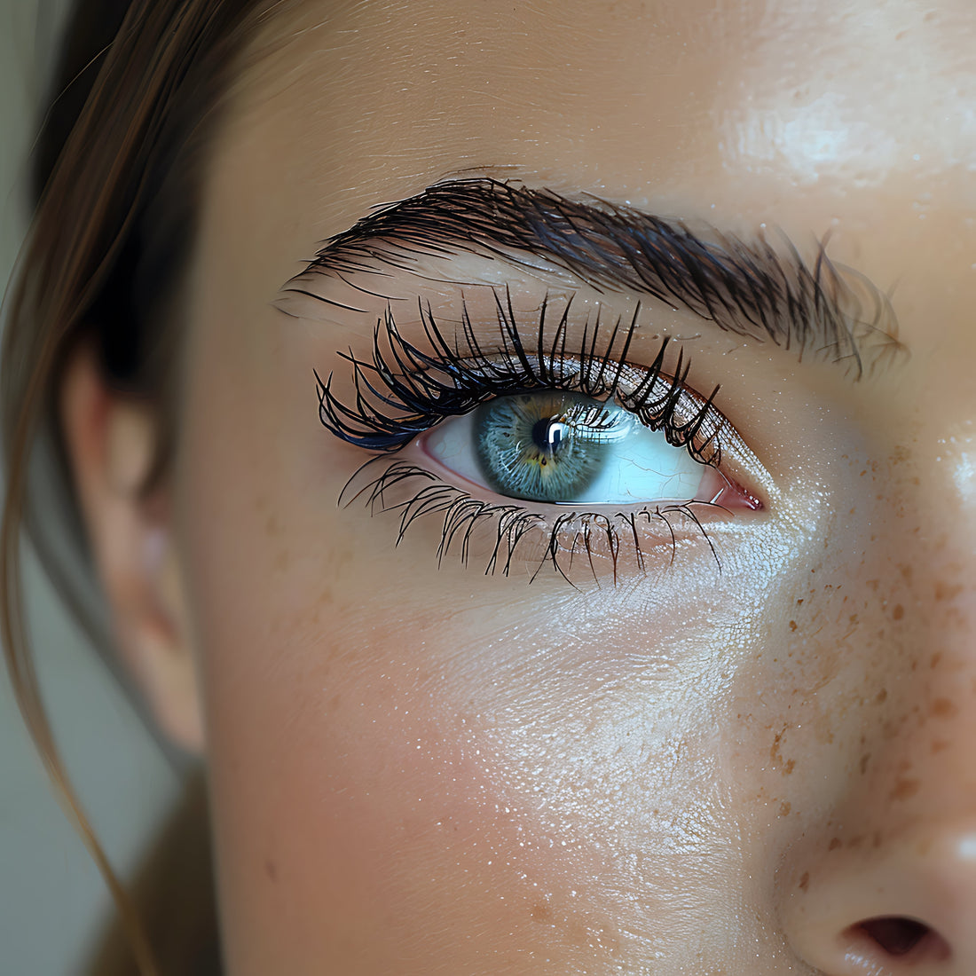 Woman with long, dense natural lashes after using Glowria vegan lash growth serum