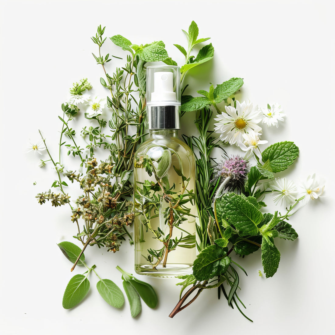 Botanical peptide serum bottle surrounded by fresh green herbs and flowers